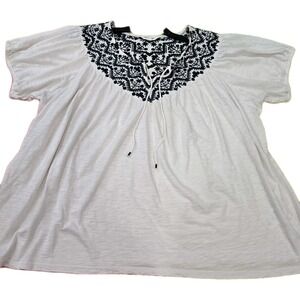 Lucky Brand Boho Embroidered Peasant Top Plus Size 1X Cream Ivory Slub Knit